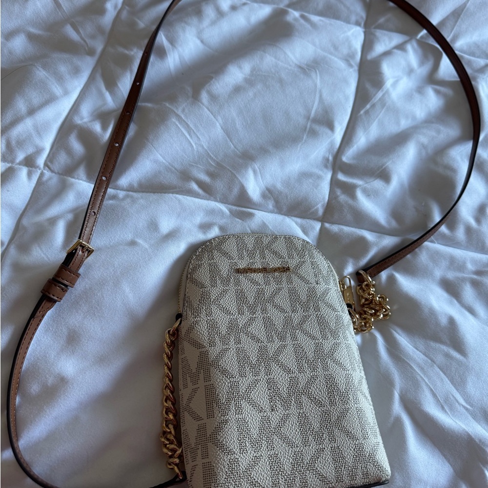 Michael Kors Cream Logo Crossbody with Brown Leather Strap and Gold Chain